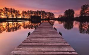 Germany, Bayern, bride, river, trees, pier, trees, sunset, red sky wallpaper thumb