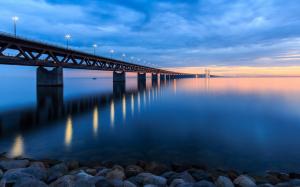 Sweden, bridge, lights, beach, stones, evening, sunset, sky, clouds, blue wallpaper thumb