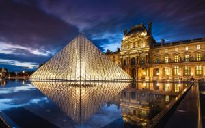 France, Paris, Louvre Museum, architecture, pyramid, night, water, lights wallpaper thumb