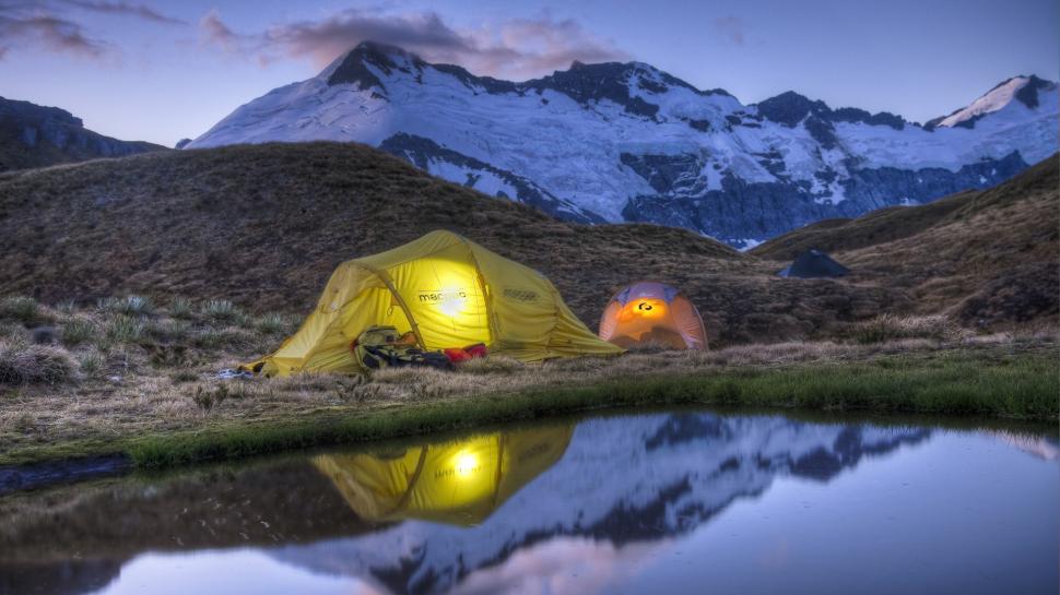 Camp Tents Mountains Reflection HDR HD wallpaper,nature HD wallpaper,mountains HD wallpaper,reflection HD wallpaper,hdr HD wallpaper,camp HD wallpaper,tents HD wallpaper,1920x1080 wallpaper