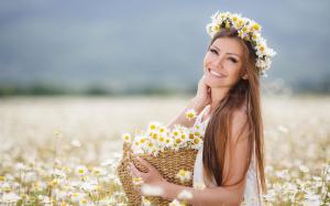 Brown hair girl, flowers, daisies, basket wallpaper thumb