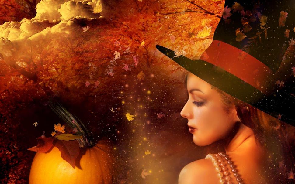 The Magic Of Autumn wallpaper,necklace wallpaper,lady wallpaper,woman wallpaper,autumn wallpaper,halloween wallpaper,fall wallpaper,witch wallpaper,leaves wallpaper,trees wallpaper,pumpkin wallpaper,pearls wallpaper,clouds wallpaper,1680x1050 wallpaper