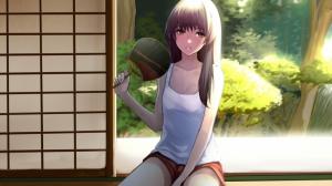 Girl, sitting, fans, houses, trees, Japanese anime wallpaper thumb