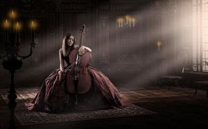 Red dress girl, cello, music wallpaper thumb