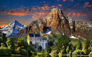 Neuschwanstein, sky, clouds, sunset, mountains, trees, lake, castle wallpaper thumb
