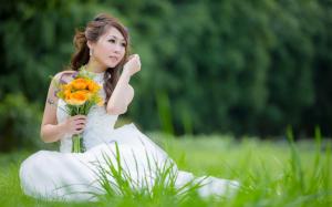 Beautiful white dress girl, Asian, bride, flowers, grass wallpaper thumb