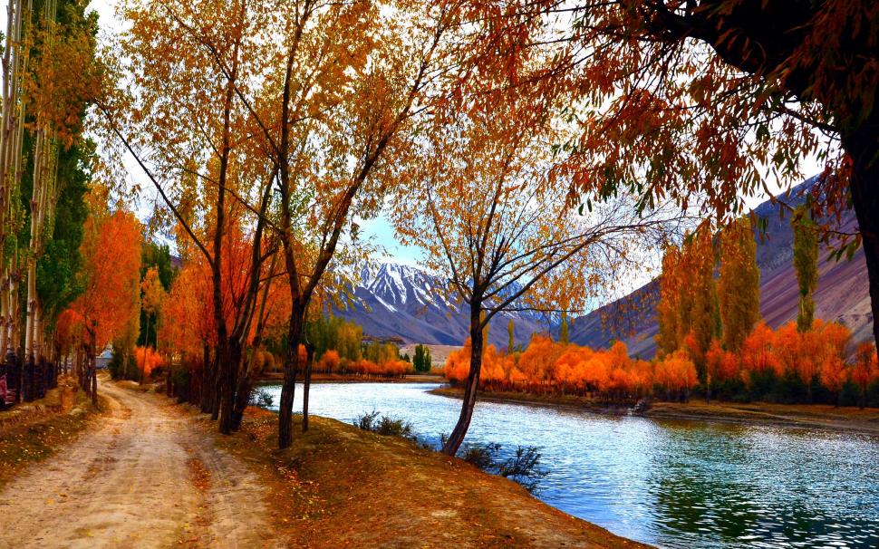 Autumn scenery, trees, red leaves, lake, path, mountains wallpaper,Autumn HD wallpaper,Scenery HD wallpaper,Trees HD wallpaper,Red HD wallpaper,Leaves HD wallpaper,Lake HD wallpaper,Path HD wallpaper,Mountains HD wallpaper,2560x1600 wallpaper