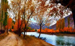 Autumn scenery, trees, red leaves, lake, path, mountains wallpaper thumb