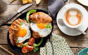 Breakfast, food, bread, fried eggs, tomato, coffee wallpaper thumb