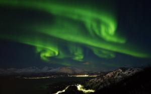 Aurora Borealis Northern Lights Night Green Stars Mountains Landscape Lights HD wallpaper thumb