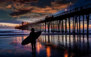 Night, sea, surfer, waves, pier, people wallpaper thumb