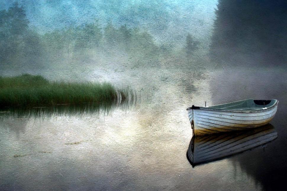 Boat On A Silent River wallpaper,water HD wallpaper,silence HD wallpaper,river HD wallpaper,painting HD wallpaper,boat HD wallpaper,3d & abstract HD wallpaper,1920x1280 wallpaper