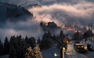 Landscape, Nature, Switzerland, Sunset, Snow, Village, Train, Mist, Trees, Winter, Hill wallpaper thumb