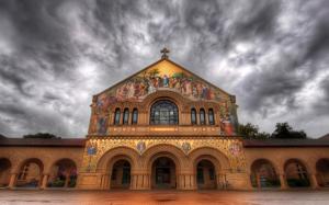 Stanford Church, painting, clouds, dusk, California, USA wallpaper thumb