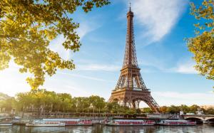 Eiffel Tower, Paris, France, the river Seine, boats, blue sky wallpaper thumb