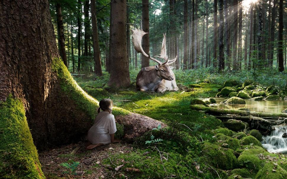 Fairytale Forests wallpaper,sunshine HD wallpaper,girl HD wallpaper,reindeer HD wallpaper,stag deer HD wallpaper,nature HD wallpaper,deer HD wallpaper,green HD wallpaper,fairytale HD wallpaper,beautiful HD wallpaper,trees HD wallpaper,abstract HD wallpaper,1920x1200 wallpaper
