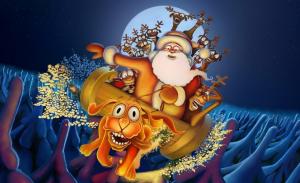 dog, deer, santa claus, flying, trees, moon, night, christmas wallpaper thumb