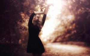 Blonde girl, black dress, autumn, park, glare wallpaper thumb