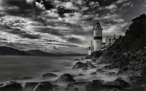 Lighthouse Ocean Rocks Stones BW HD wallpaper thumb