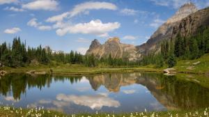 Pond Reflection Trees Mountains HD wallpaper thumb