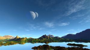 Art landscape, mountains, lake, planets, blue sky wallpaper thumb