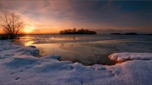 Winter snow, sunset, lake wallpaper thumb