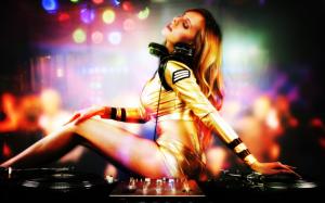 Sexy DJ girl, console, dance floor, colorful lights wallpaper thumb