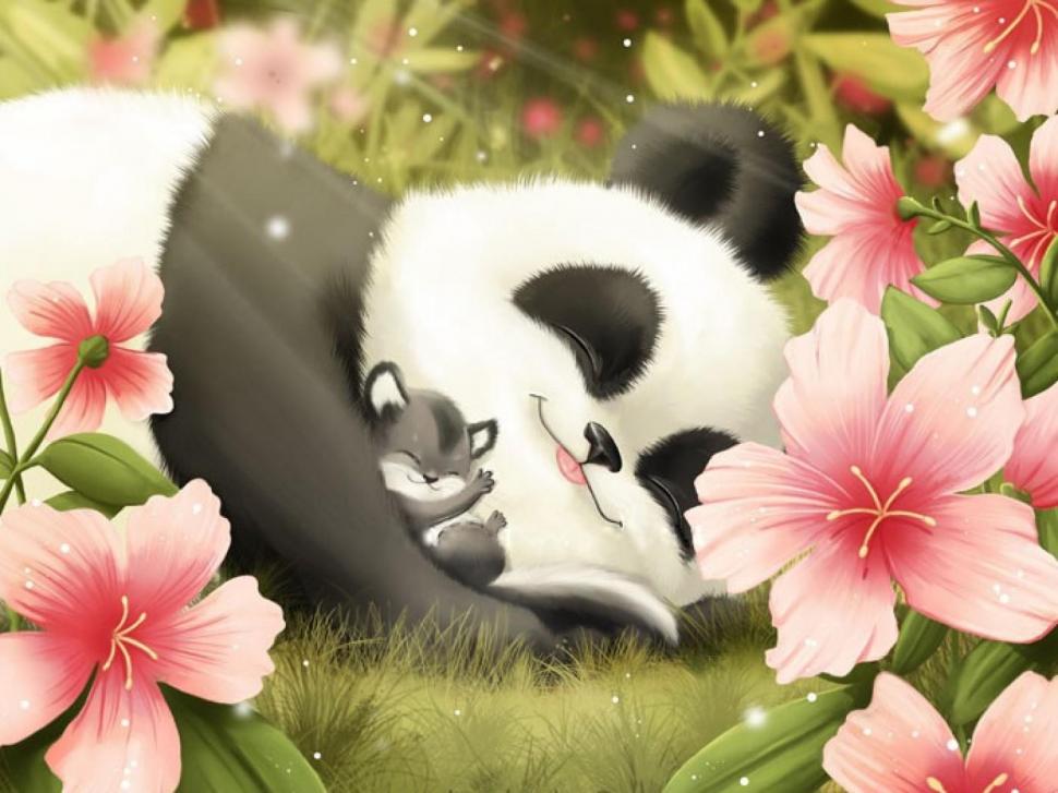 Cute Panda and Cub wallpaper,smiling wallpaper,panda wallpaper,sleeping wallpaper,cute wallpaper,flowers wallpaper,hibiscus wallpaper,pink wallpaper,grass wallpaper,1600x1200 wallpaper