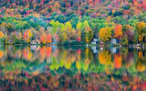 Autumn beautiful landscape, forest, house, lake, reflection wallpaper thumb