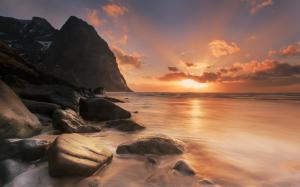 Sunset Rocks Stones Coast Ocean Clouds HD wallpaper thumb