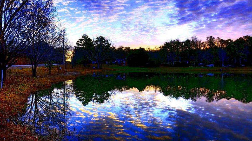Dawn Reflection By Lake wallpaper,trees HD wallpaper,reflection HD wallpaper,house HD wallpaper,road HD wallpaper,clouds HD wallpaper,3d & abstract HD wallpaper,1920x1080 wallpaper