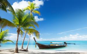 Palm trees, boat, tropical sea, beach sand, clouds wallpaper thumb