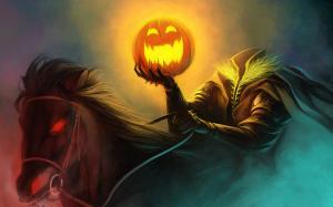 Art painting Halloween horseman pumpkin light, horse burning eyes wallpaper thumb