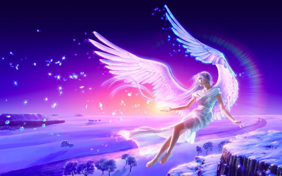 Angel Blonde Girl Anime Wings Flying Winter Snow Wallpaper