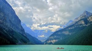 Banff National Park, lake, mountains, boat, clouds wallpaper thumb