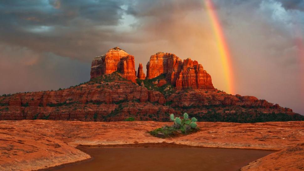 Rainbow Next To Cathedral Rock wallpaper,cactus HD wallpaper,desert HD wallpaper,rock HD wallpaper,river HD wallpaper,rainbow HD wallpaper,nature & landscapes HD wallpaper,1920x1080 wallpaper