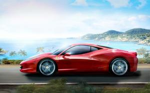 Red Ferrari sports car at high speed wallpaper thumb