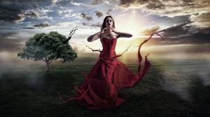 Fantasy girl, red dress, creative pictures, trees, sun wallpaper thumb