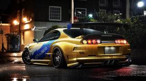 Toyota yellow race car, lights, night, rain wallpaper thumb