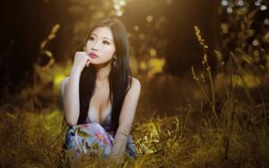 Asian, Women, Model, Cleavage, Grass, Nature wallpaper thumb