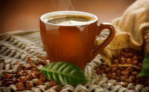 Cup, coffee drink, steam, coffee beans, leaf wallpaper thumb