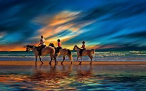 Nature, Landscape, Beach, Sunset, Sea, Clouds, Family, Horse wallpaper thumb