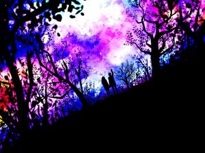 Art pictures, couple, nature, trees, stars, purple wallpaper thumb