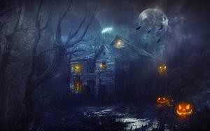 Halloween, Night, House, Pumpkin, Trees, Moon, Light, Spooky wallpaper thumb