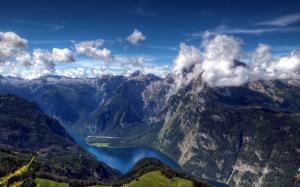 Summer Alps, mountains, river, forest, clouds wallpaper thumb