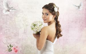 Beautiful bride holding a bouquet of white roses wallpaper thumb