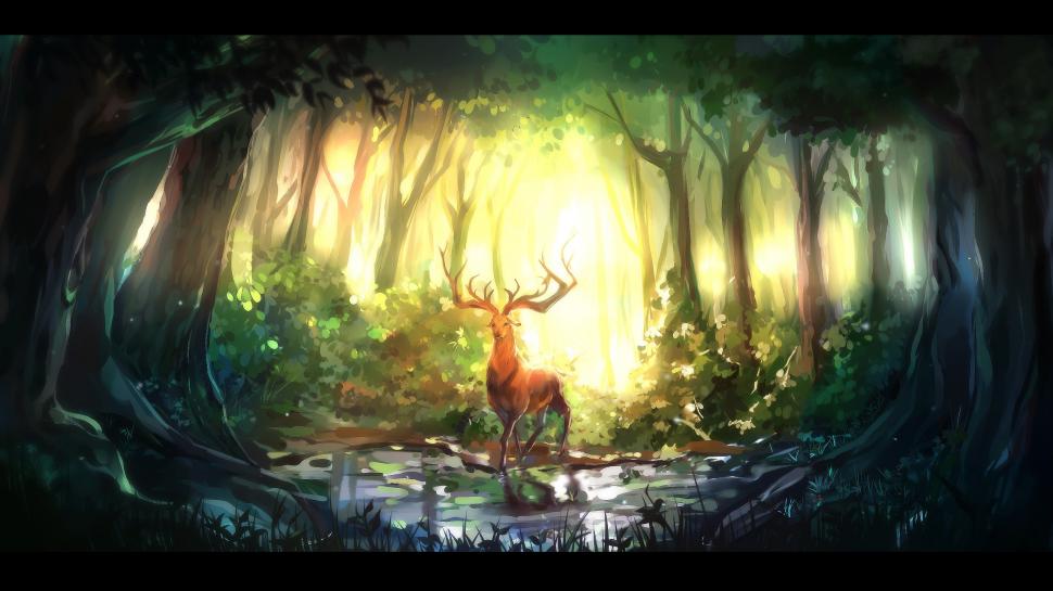Deer Drawing Trees Forest HD wallpaper,fantasy HD wallpaper,trees HD wallpaper,drawing HD wallpaper,forest HD wallpaper,deer HD wallpaper,2560x1440 wallpaper