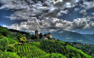 Tirol Village, South Tyrol, Italy, Tirol Castle, village, mountains, clouds wallpaper thumb