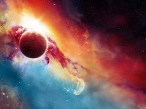 Beautiful space, planets and stars, red and blue wallpaper thumb