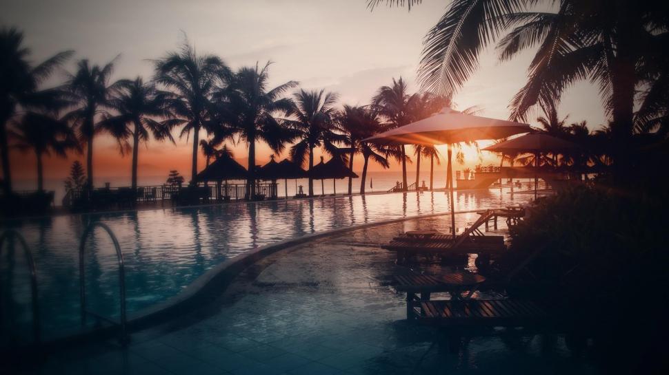 Focused Sunset In Paradise wallpaper,trees HD wallpaper,sunset HD wallpaper,pool HD wallpaper,photo HD wallpaper,3d & abstract HD wallpaper,1920x1080 wallpaper